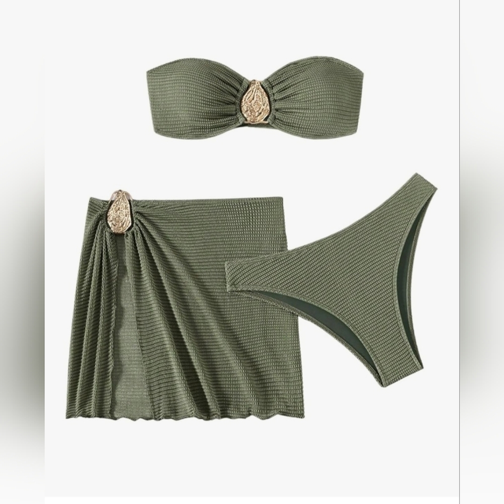 Olive Green Bandeau 3-Piece Swim Set with Skirt. B-19